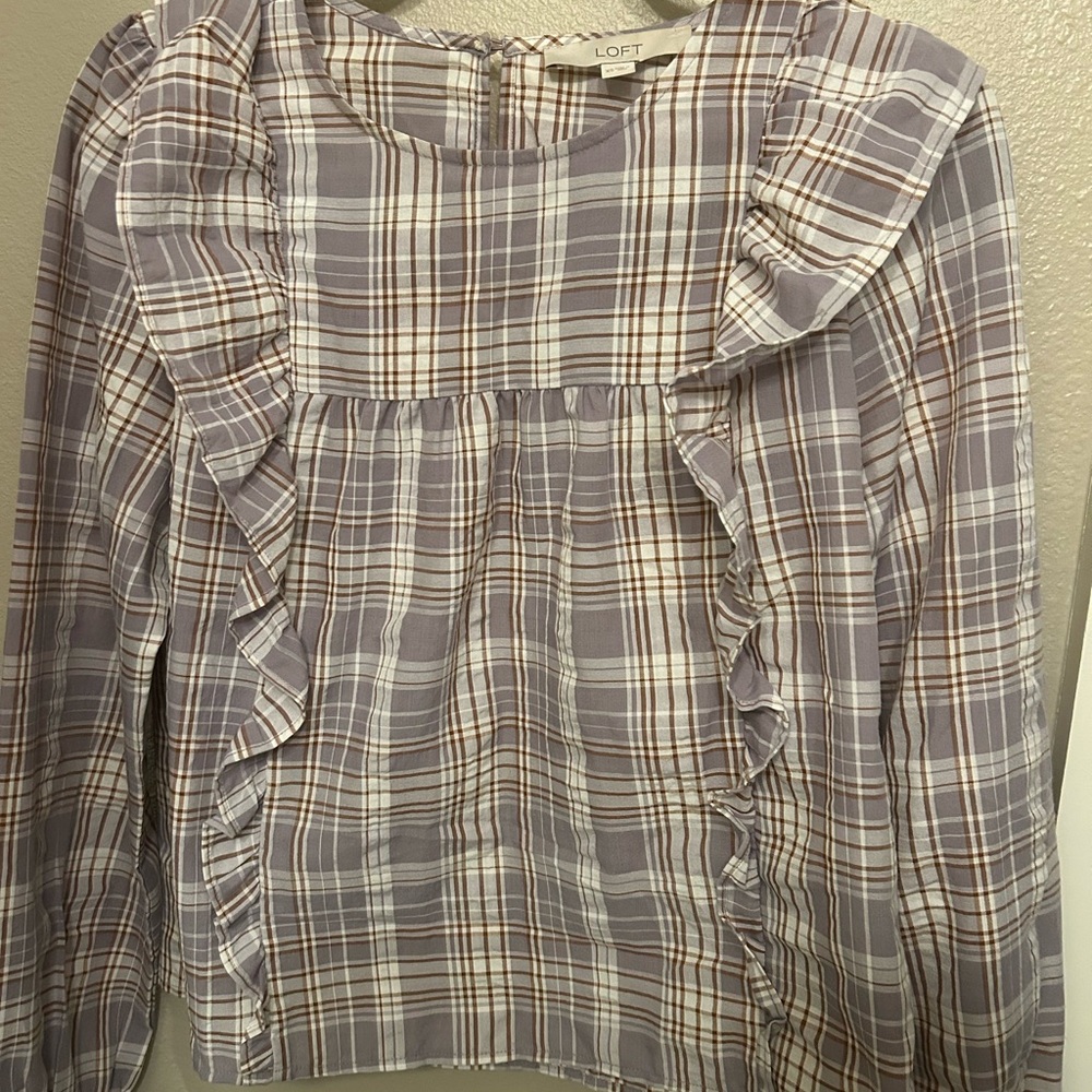 LOFT Plaid Ruffle Blouse in Gray and Brown